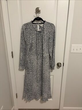J. Crew Factory Dark Navy and White Dot Midi Dress with Ruffle Hem